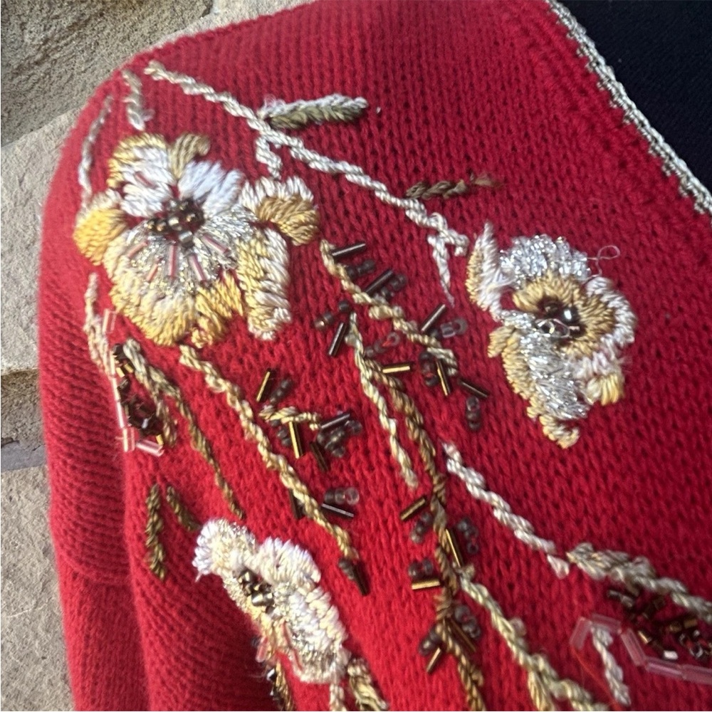 Vintage Carolina Colours Cardigan Sweater Small Red Embroidered Beaded Floral - Picture 5 of 12
